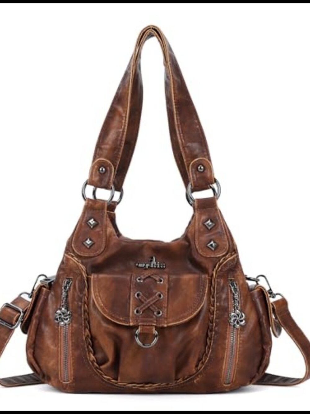Washed Vegan Leather Hobo Crossbody Shoulder Bag Multi Pocket Womens Purse